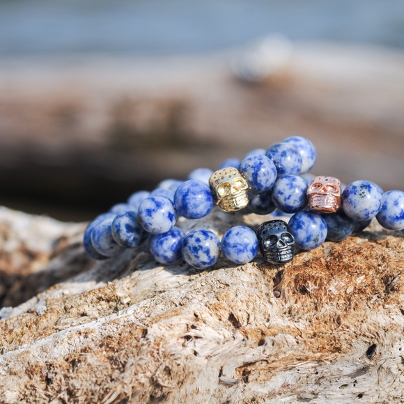 Blue Dumortierite Gemstone Bracelet With Gold Skull Charm - Picture 5 of 5